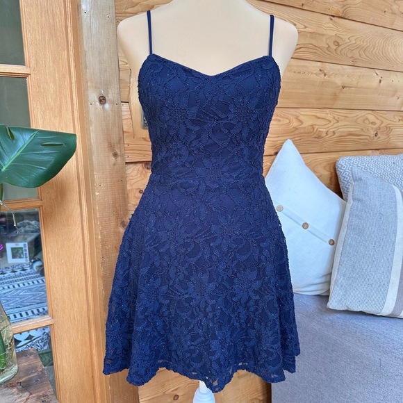 B. Darlin Royal Blue Lace Fit & Flare Dress Size 4 | Strappy Back Party Glam - Picture 11 of 15